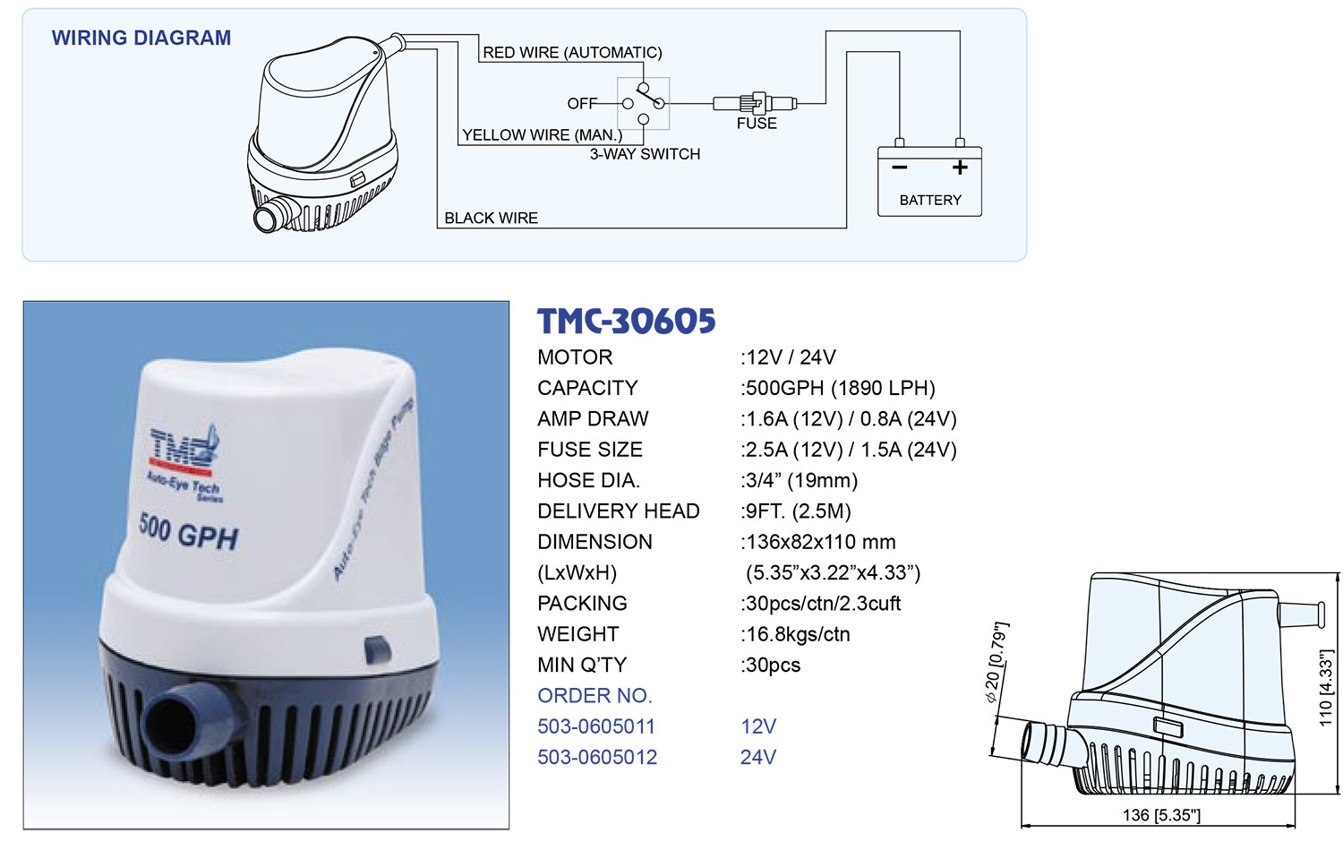 TMC Pump Automatic Bilge Pump 500/ GPH 12/ V
